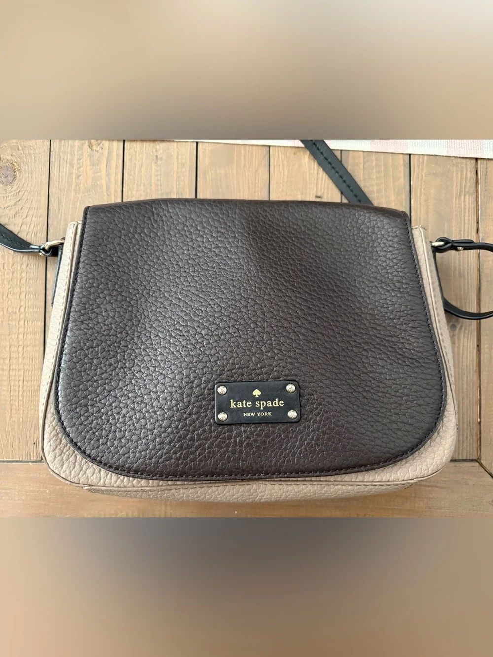 kate spade Two-Tone Pebbled Leather Crossbody in Dark Brown & Taupe